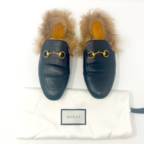 Gucci Princetown Fur Lined Horsebit Black Leather Loafer Mule Size EU 37.5 - Picture 1 of 8